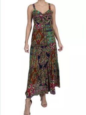 Signature Multicolor Tiered Maxi Dress Flowy Boho Resort Wear Summer Size 12